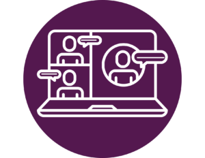 A purple icon with an icon of a laptop; the laptop screen shows three people, each with a speech bubble