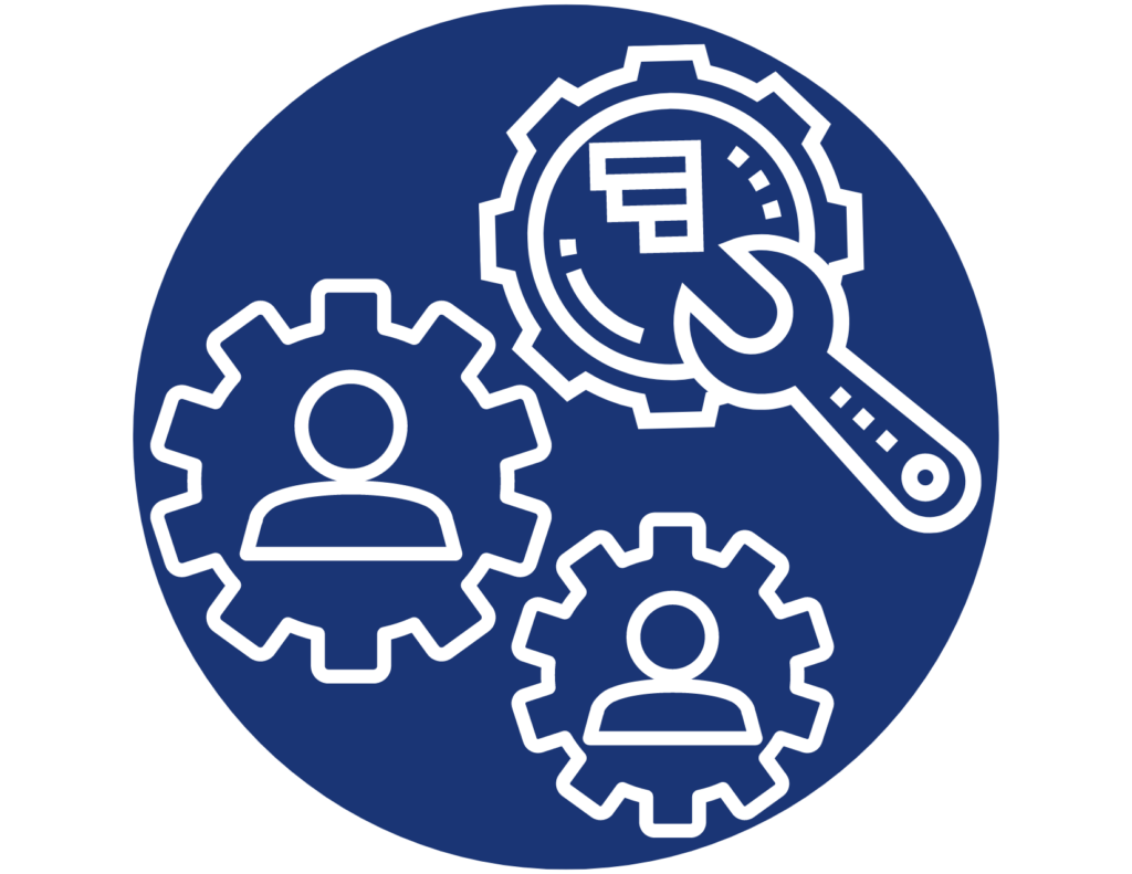 A blue icon of three gears that are working together; two of the gears contain icons of an individual person, and the third has a graph inside and a wrench opening towards the graph and protruding from the gear