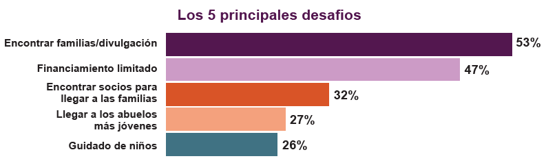 Los 5 principales desafios
Encontrar familias/divulgación - 53%
Financiamiento limitado - 47%
Encontrar socios para llegar a las familias - 32%
Llegar a los abuelos más jóvenes - 27%
Guidado de niños - 26%