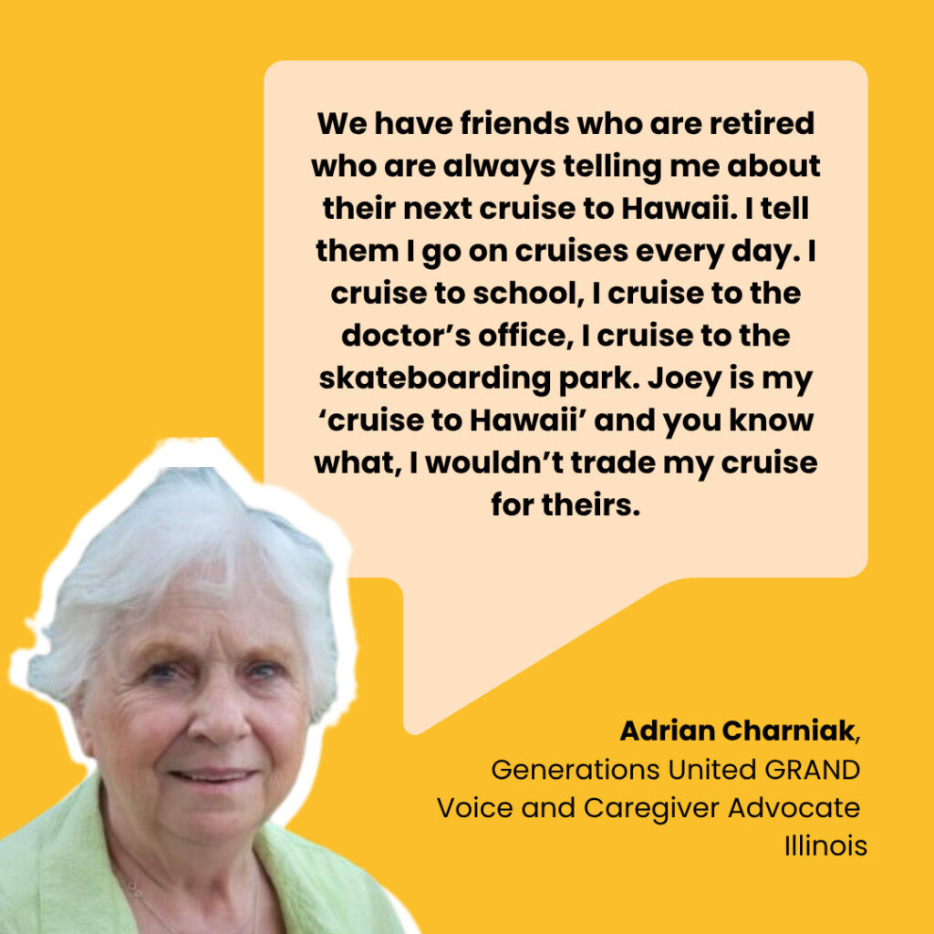 A photo of Adrian Charniak with a quote bubble containing her testimony about how taking care of her grandchild is her "cruise to Hawaii."