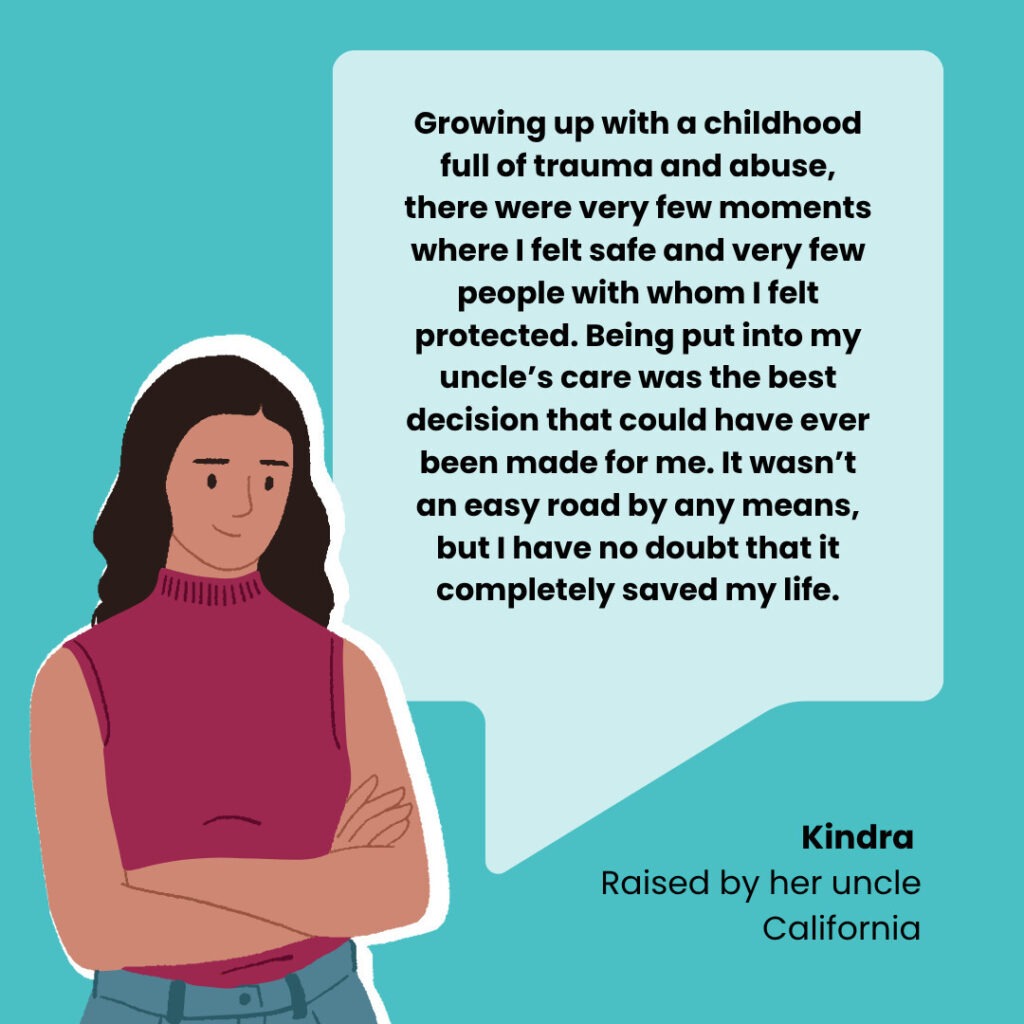 A portrait of a young woman with a quote bubble containing her testimony about being raised by her uncle and how it saved her life.