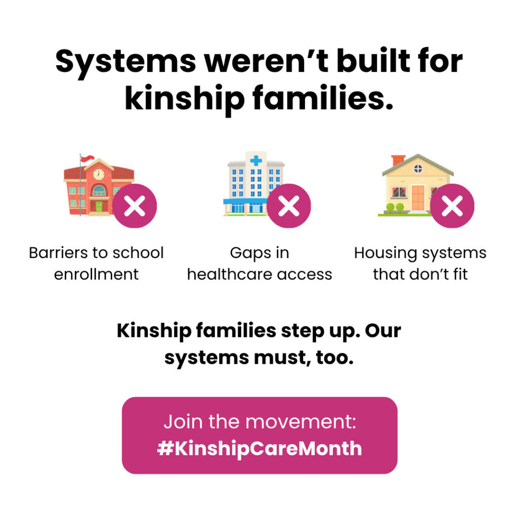 Graphic highlighting barriers faced by kinship families: school enrollment, healthcare access, and unsuitable housing systems, with a call to join #KinshipMonth2025.