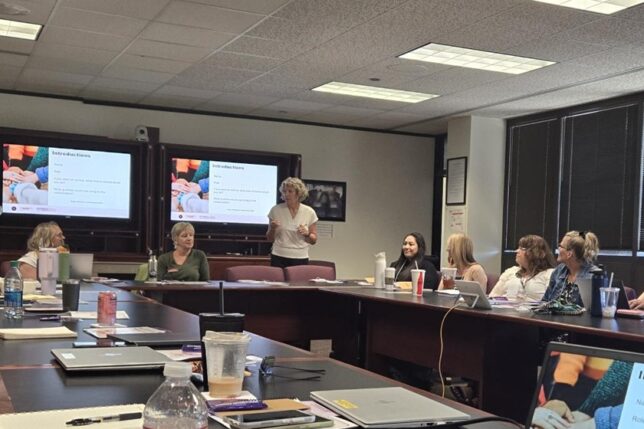A group of professional women in Idaho sit at a conference table for a presentation