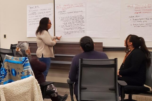 A small group of women in Oneida Nation work on a project together, with one woman standing at a white board and the others sitting in a small semicircle