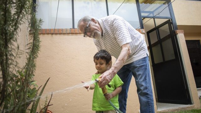 A Latino grandfather and young grandson use a garden hose to water plants together outside