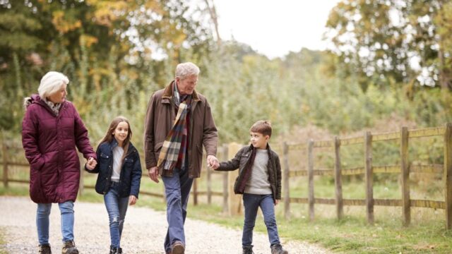 A white grandmother, elementary-aged granddaughter, grandfather, and elementary-aged grandson walk along a path next to a wooden fence. The grandmother and granddaughter are holding hands, as are the grandfather and grandson. The grandmother, grandfather, and grandson are looking at each other, and the granddaughter is looking ahead and smiling.