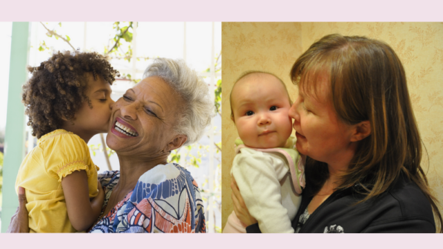 On the left, a Black grandmother smiles as her young grandchild kisses her cheek. On the right, a Native grandmother holds and cuddles her baby grandchild as the baby looks right at the camera.