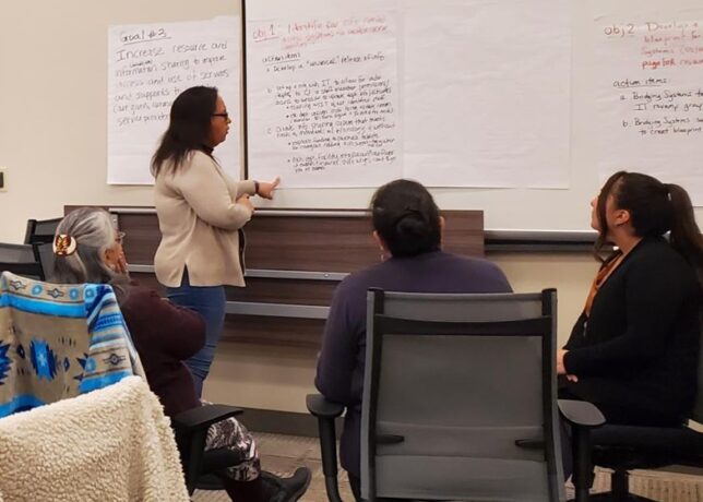 A small group of women in Oneida Nation work on a project together, with one woman standing at a white board and the others sitting in a small semicircle